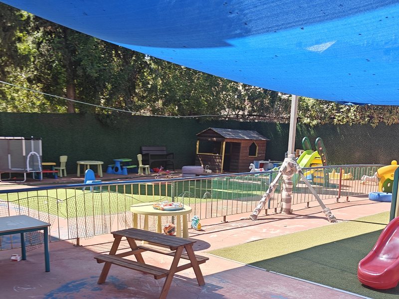 אזור מגודר בחצר, שולחן פיקניק וגדר ירוקה